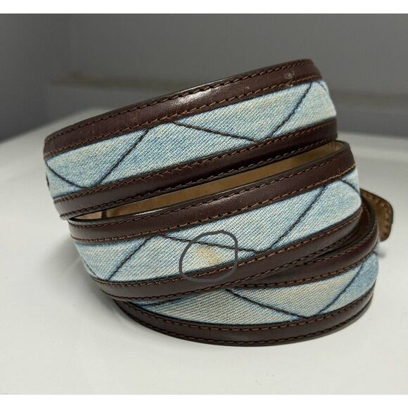 RARE Brioni Brown Leather Blue Quilted Denim Belt Solid Brass Buckle Sz 100 / 40 - Picture 3 of 12